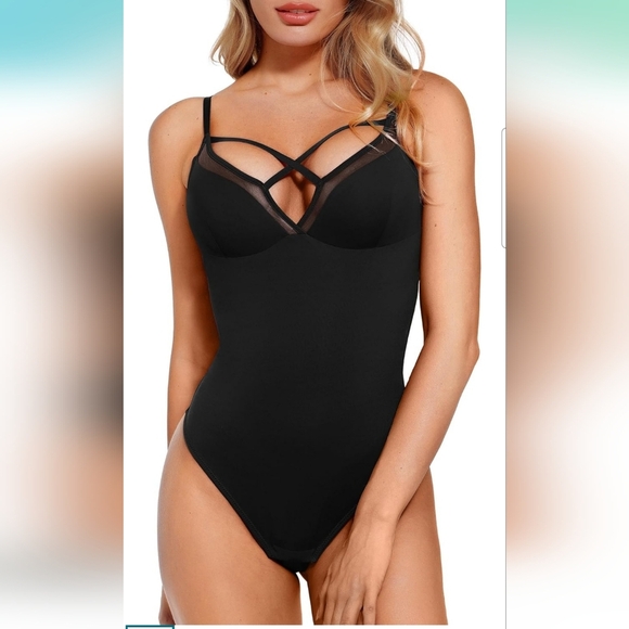 Popilush Women's Black Deep V Criss Cross Tummy Control Shapewear Bodysuit Large - Picture 1 of 10